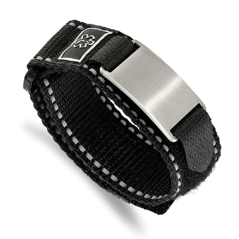 Men’s Beaded Bracelet-Stainless Steel Brushed Black Nylon w/Adj. Velcro Close Medical Bracelet