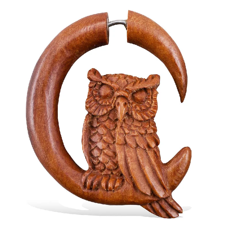 Long Dangle Earrings-<span>EFW-112<span>: </span></span>Perched Owl - Wood