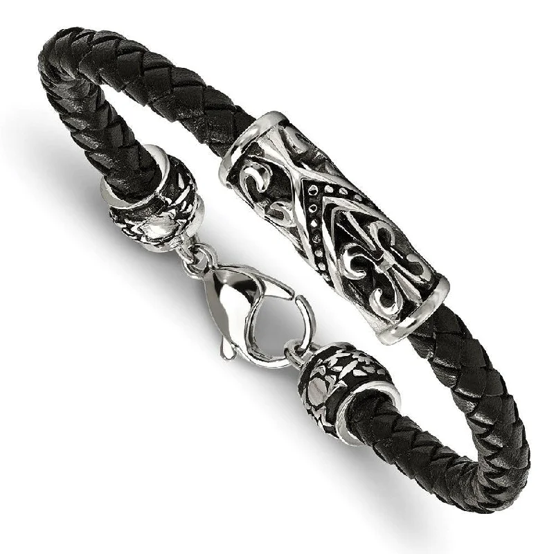 Silver Heart Cuff Bracelet-Stainless Steel Polished Antiqued Fleur De Lis Black Leather Bracelet