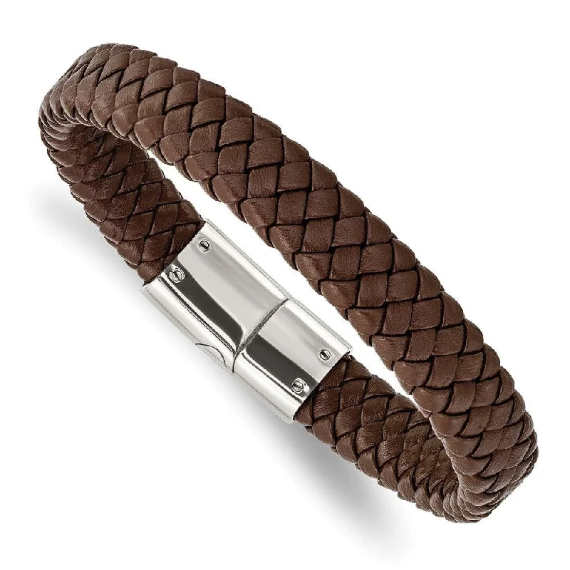 Adjustable Silver Link Bracelet-Stainless Steel Polished Braided Brown Leather Bracelet