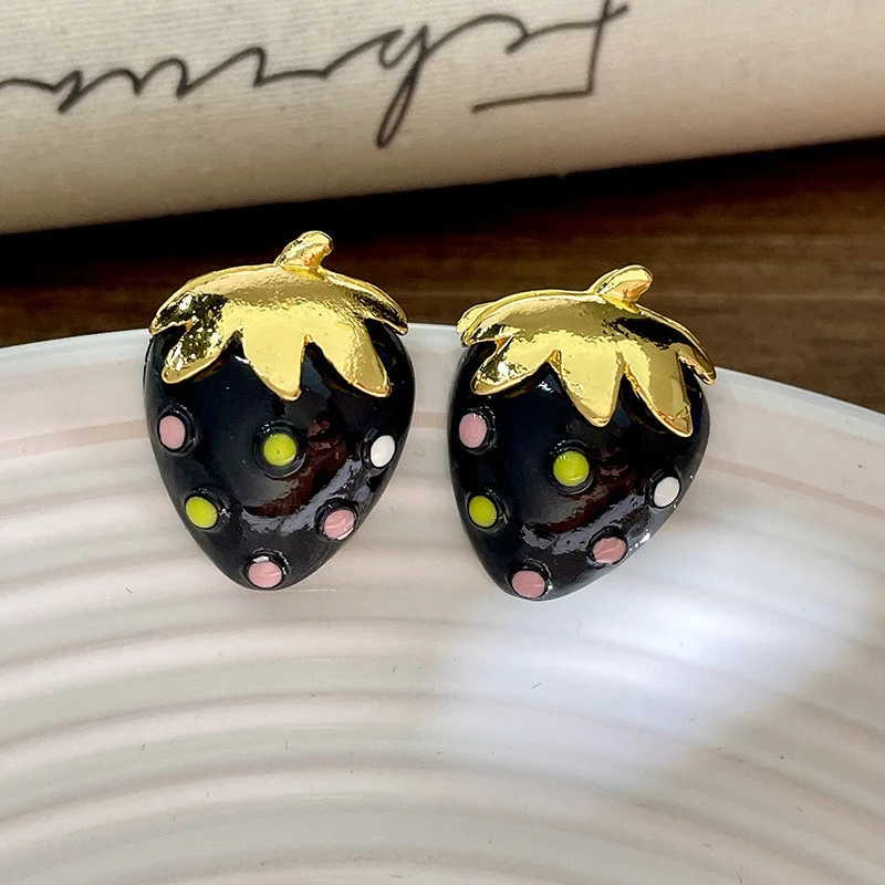 Black Strawberry Earrings (Sterling Silver Needle)