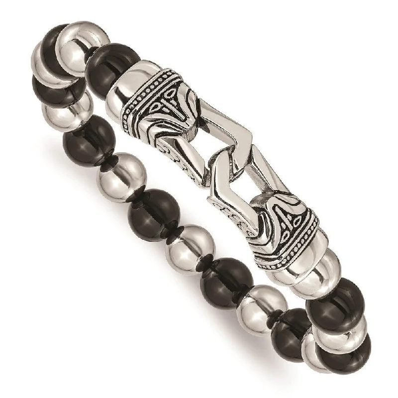 Classic Leather Bracelet-Stainless Steel Polished Antiqued Black Agate Stretch Bracelet