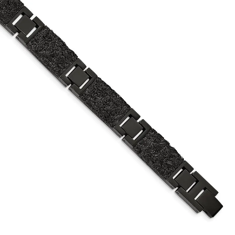 Leather Chain Bracelet-Stainless Steel Polished Black IP plated Wire Inlay 8.5in Bracelet