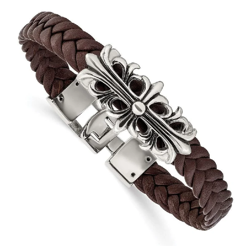 Beaded Bar Bracelet-Stainless Steel Polished Antiqued Brown Leather Filigree Bracelet