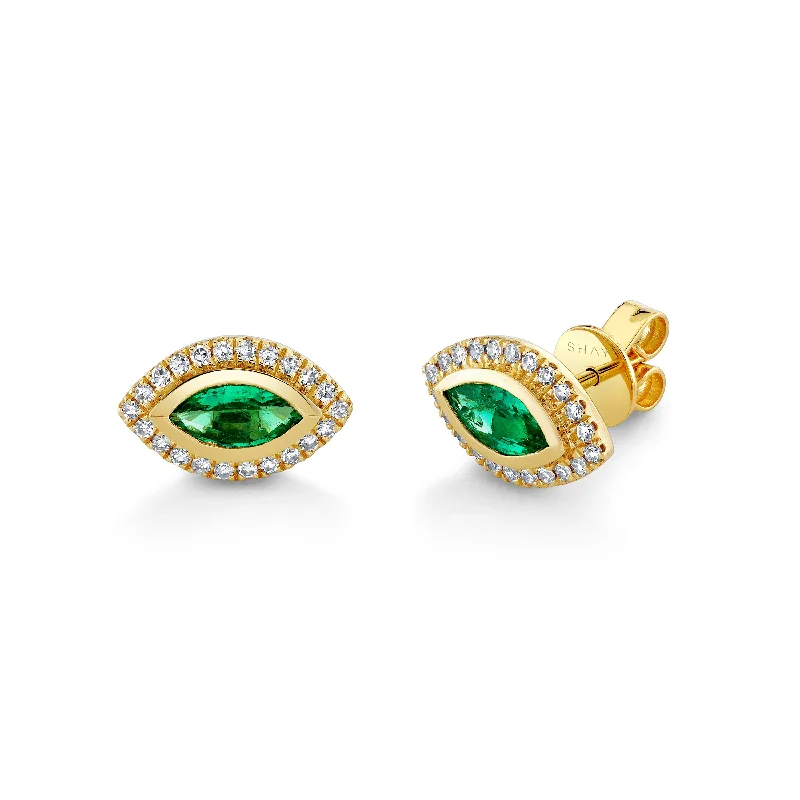 Dainty Gold Earrings-EMERALD MARQUISE HALO STUDS