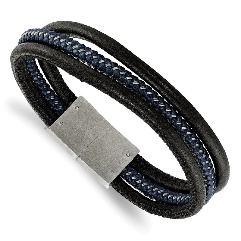 Fashionable Gemstone Cuff-Stainless Steel Brushed Black & Blue Braided Leather Multi 8in Bracelet