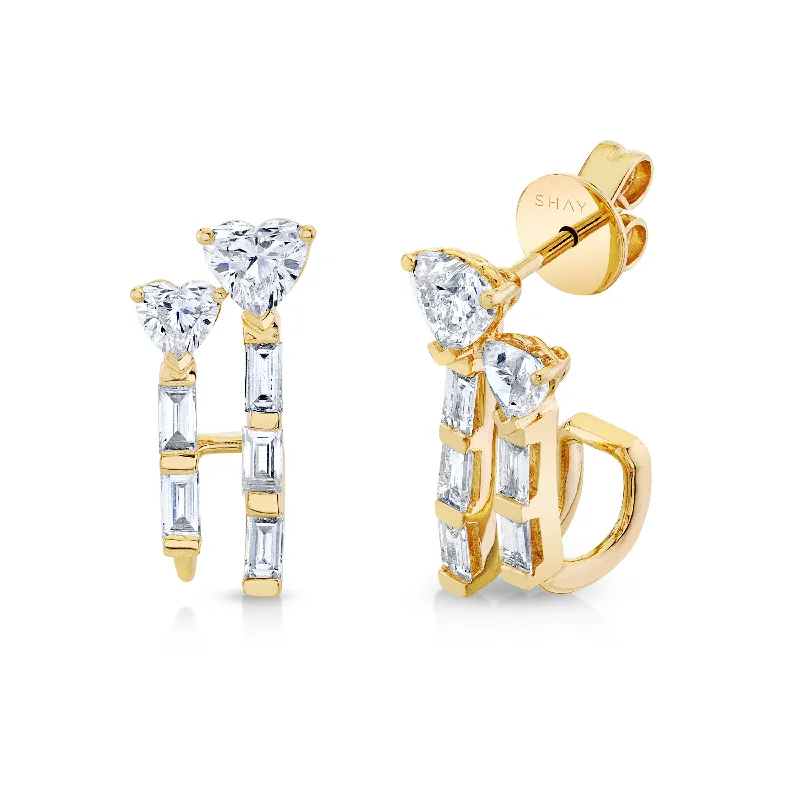 Trendy Statement Earrings-DIAMOND DOUBLE HEART & BAGUETTE STICK STUDS