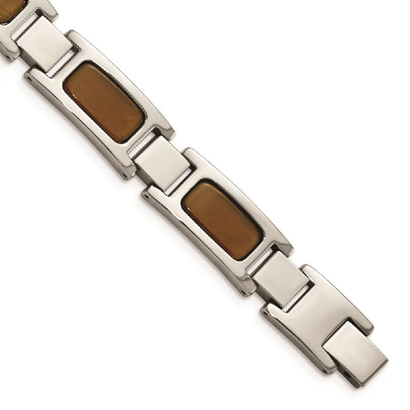 Elegant Diamond Bracelet-Stainless Steel Polished with Tiger's Eye 8.5in Bracelet