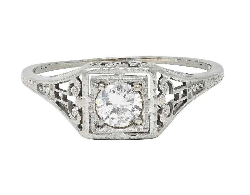 Art Deco 0.29 CTW Old European Diamond 14 Karat White Gold Column Engagement Ring