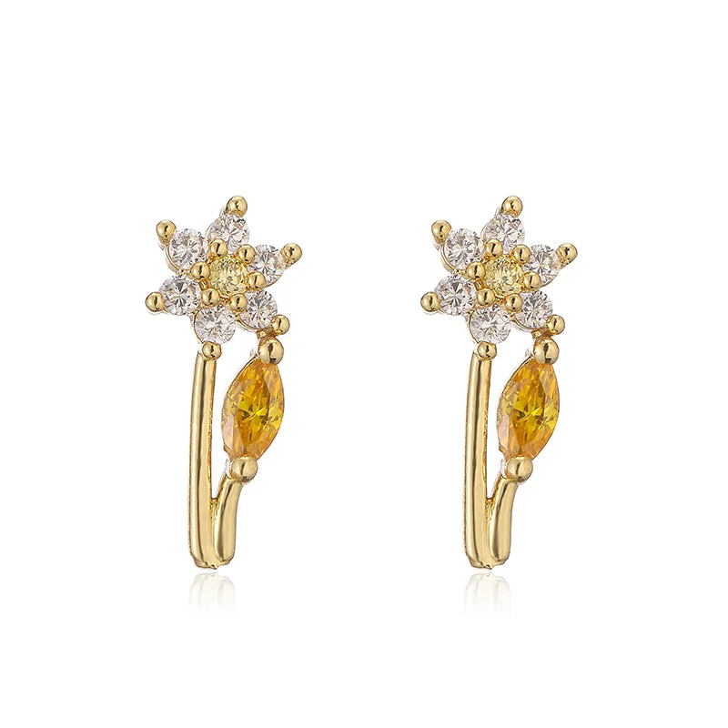 Golden Yellow Diamond Flower Core Yellow Diamond Branches and Leaves 1 Pair