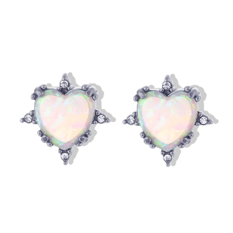 Peach Heart Opal Stud Earrings-Silver Blue