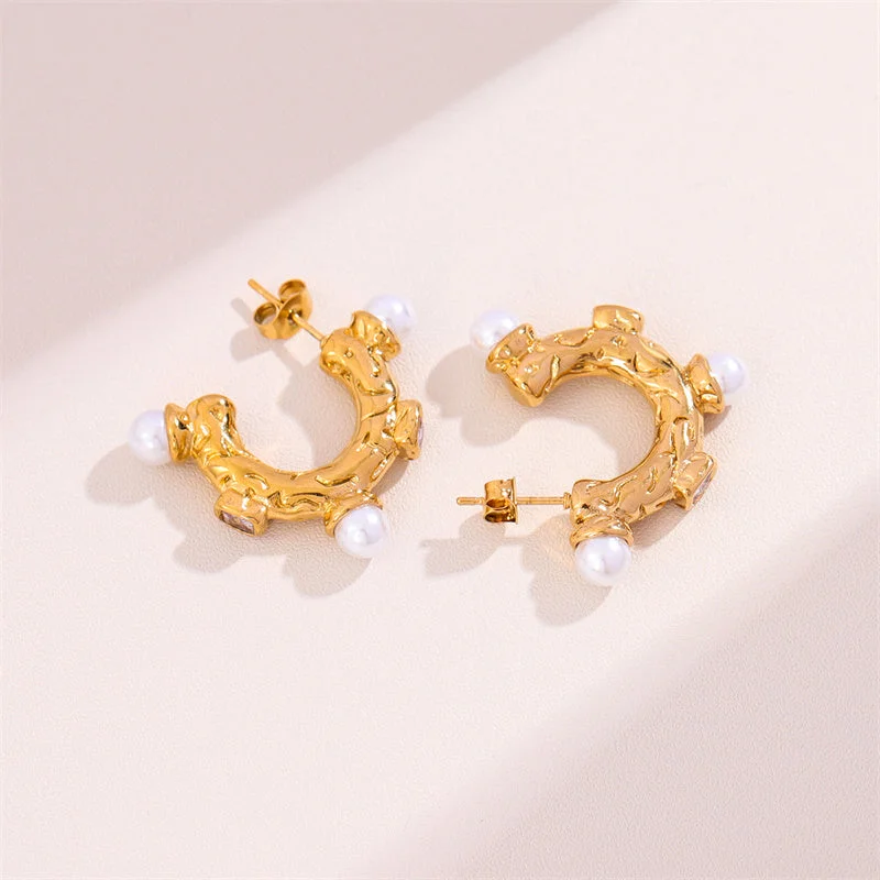 C- Shaped Pearl Zircon Earrings