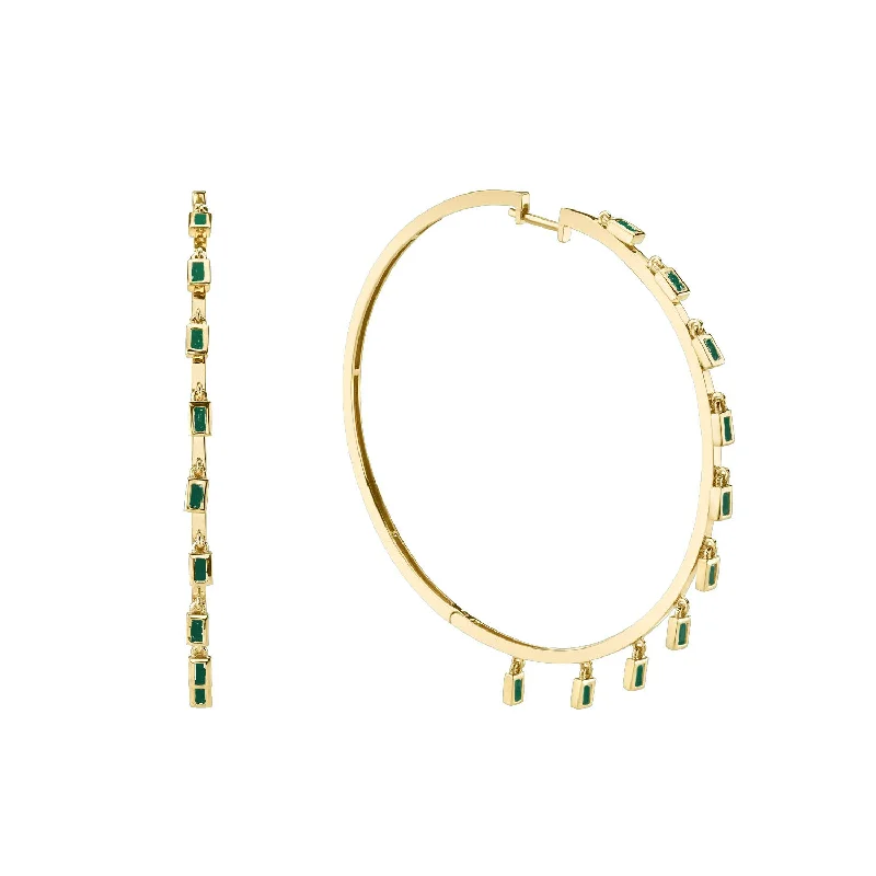 Chic Gold Stud Earrings-READY TO SHIP EMERALD BAGUETTE DANGLE HOOPS