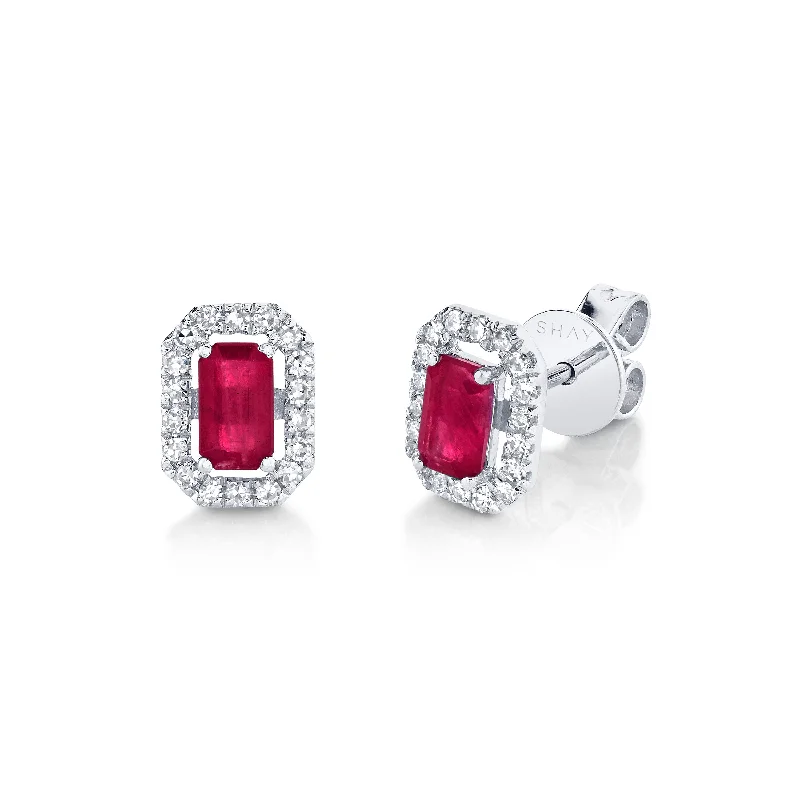 Unique Hoop Earrings-MINI ME DIAMOND HALO RUBY STUDS