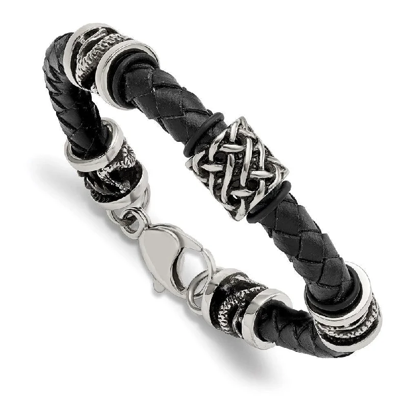 Custom Silver Bead Bracelet-Stainless Steel Polished Antiqued Dragon Black Braided Leather Bracelet