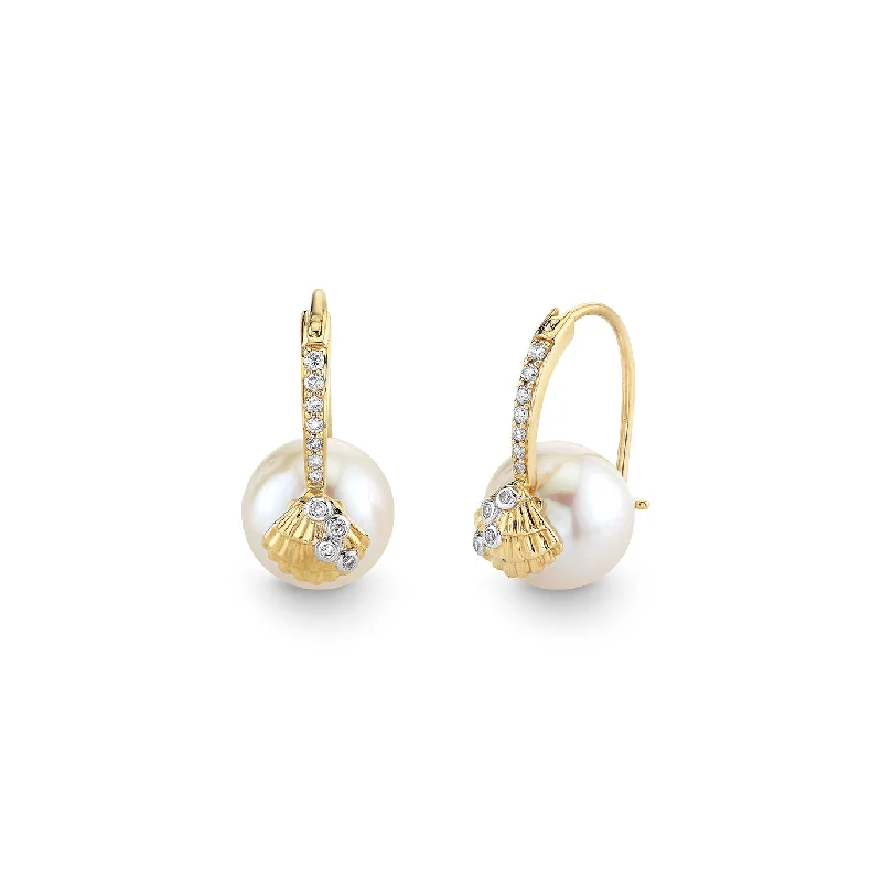 Antique Silver Earrings-Gold & Diamond Clam Shell Pearl Earrings