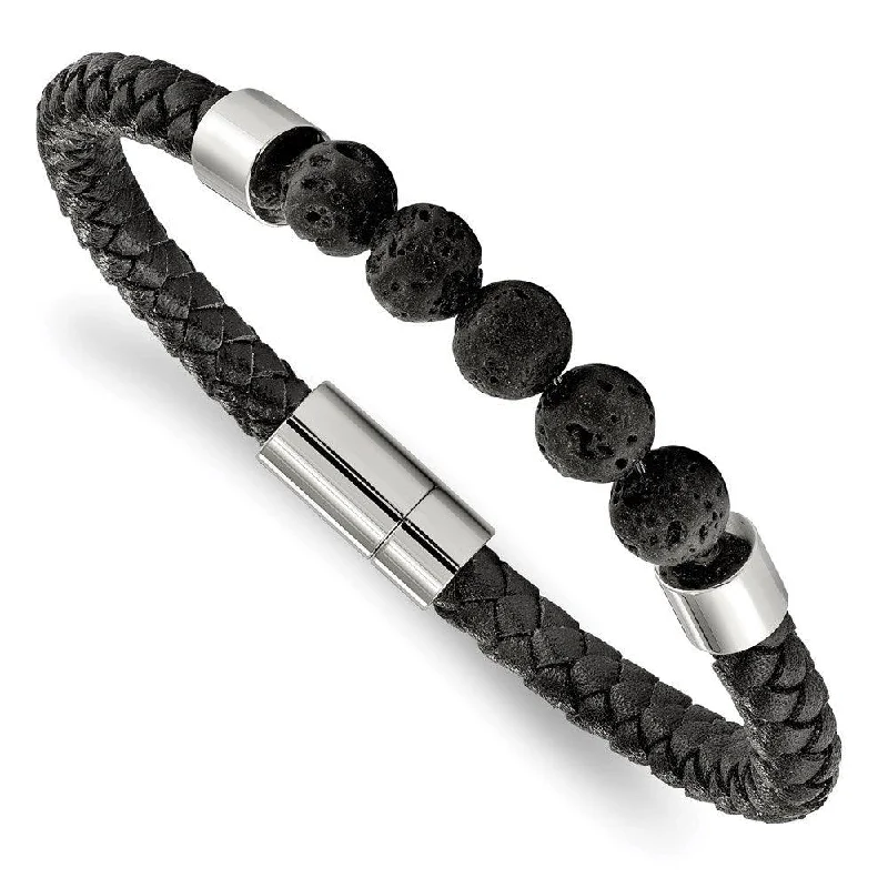 Leather Bead Bracelet-Stainless Steel Polished Black Leather w/Lava Stones 8.75 inch Bracelet