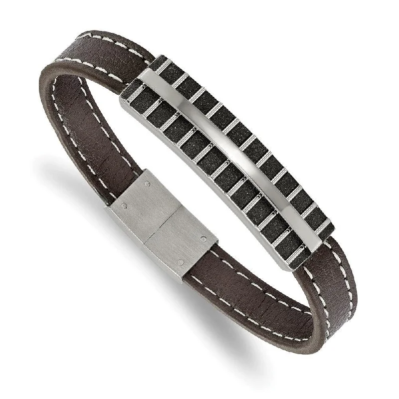 Men’s Leather Beaded Bracelet-Stainless Steel Polished Black IP Lasercut Brown Leather 8.25in Bracelet