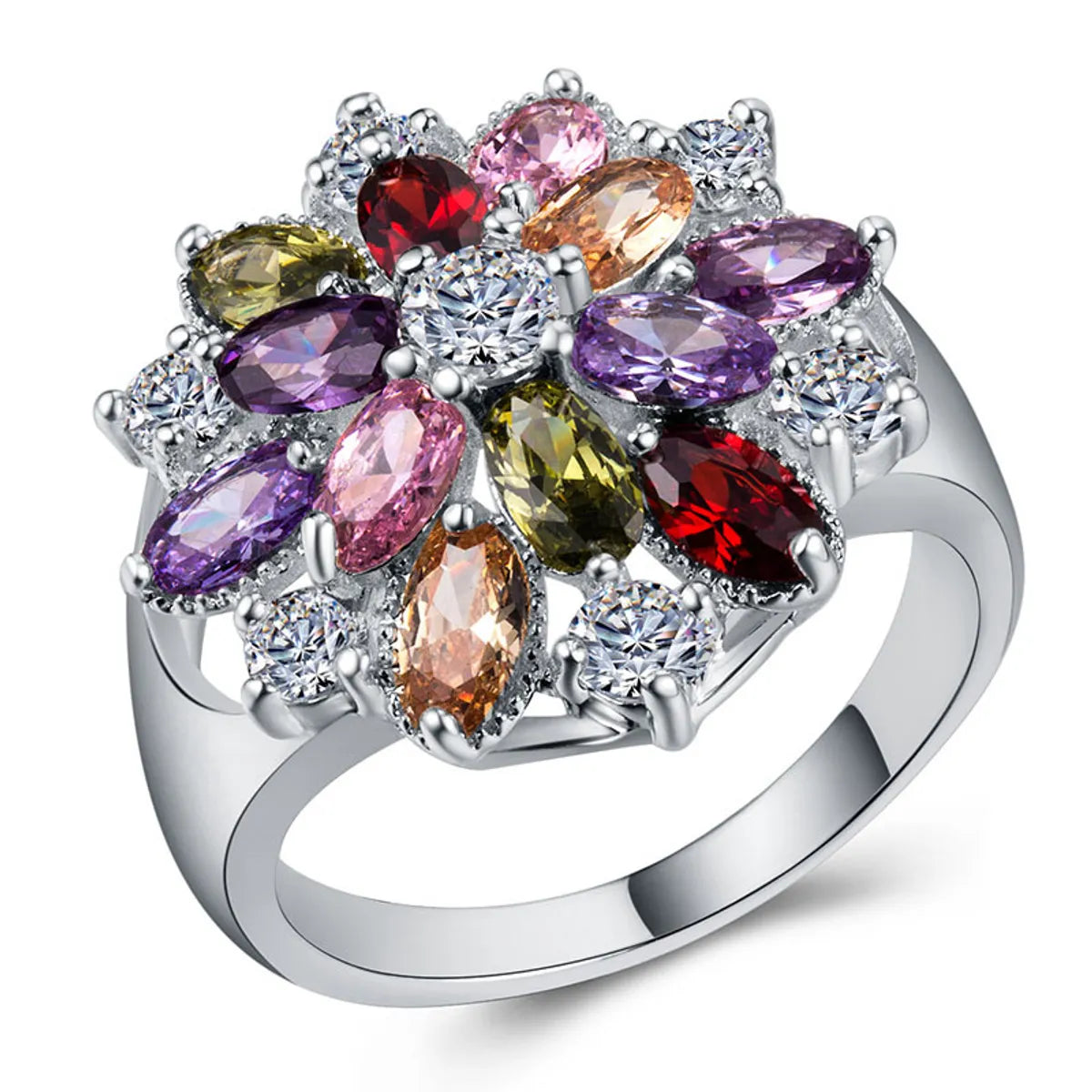 Creative Fashion Copper Inlaid Color Zircon Flower Shape Ring