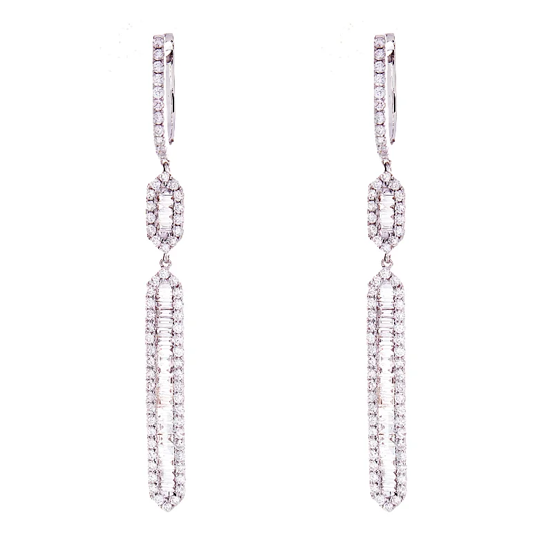 Long Dangle Hoop Earrings-Baguette and round dangling diamond earrings