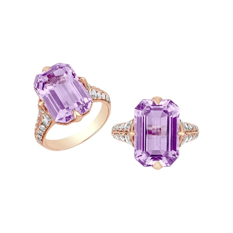 Goshwara Rain Forest Lavender Amethyst, Rock Crystal Diamond Emerald Cut Ring