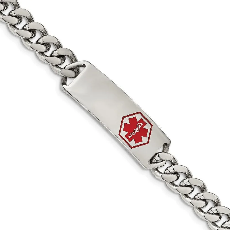 Boho Leather Bracelet-Stainless Steel Polished with Red Enamel 8in Medical ID Bracelet