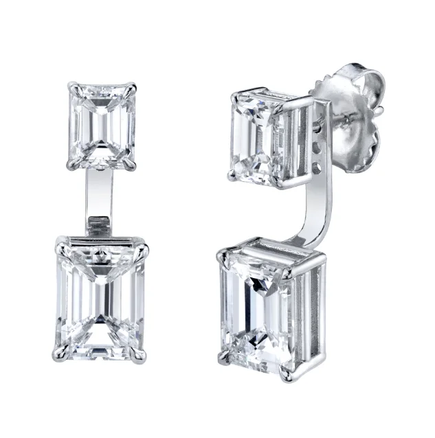 Double Drop Earrings-DIAMOND DOUBLE EMERALD CUT EAR JACKET