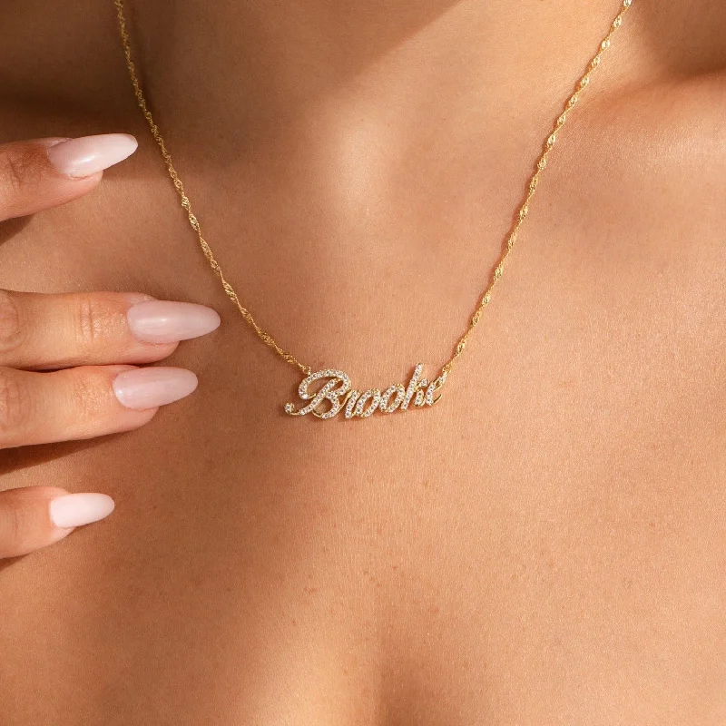 Long Gold Necklace-Elegant Pave Name Necklace