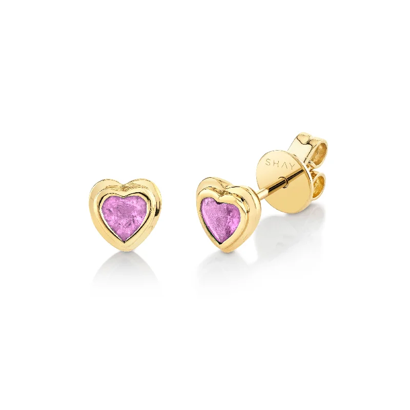 Trendy Drop Earrings-MINI ME PINK SAPPHIRE BEZEL HEART STUDS