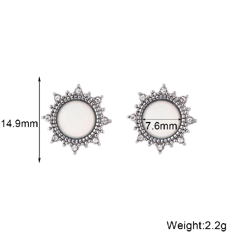 Round Sun Opal Stud Earrings-Silver White