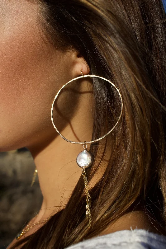 Chic Ear Huggers-Dainty Baroque Pearl Hoops with Gold Tassels