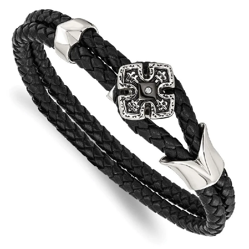 Unique Beaded Bracelet-Stainless Steel Polished Black IP Braided Black Leather CZ Bracelet