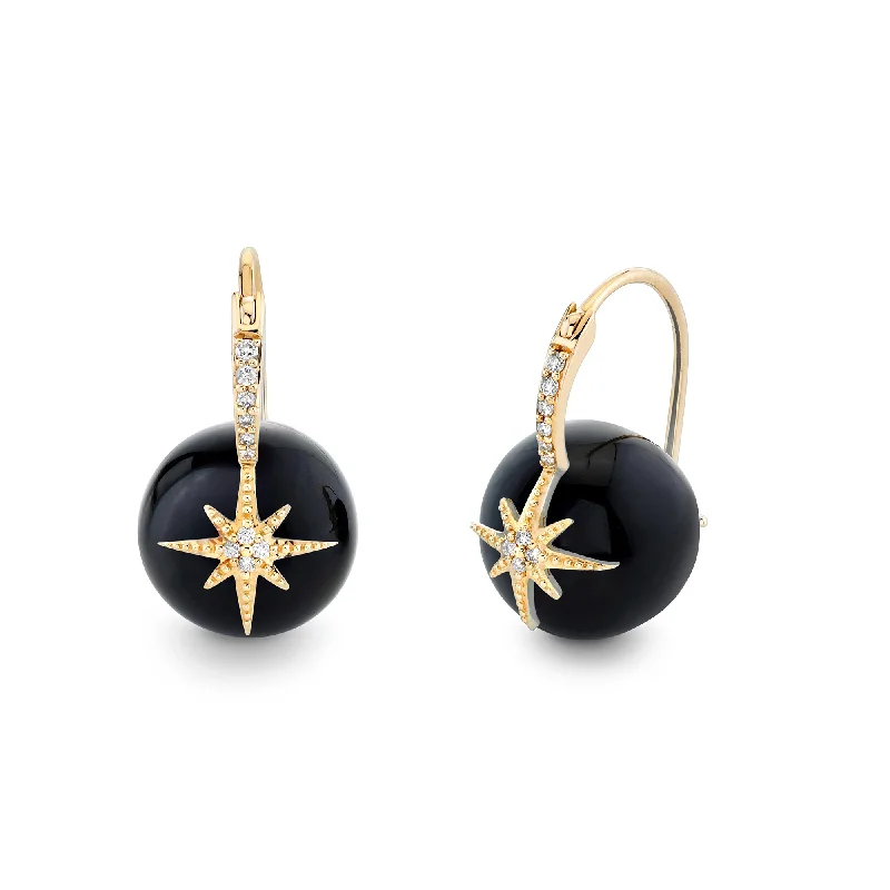 Dangling Gold Earrings-Gold & Diamond Starburst Onyx Earrings