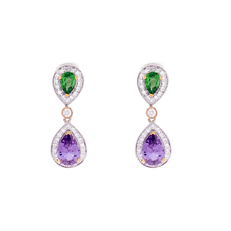 Diamond Stud Earrings-Tsavorite & Purple Sapphire Earrings