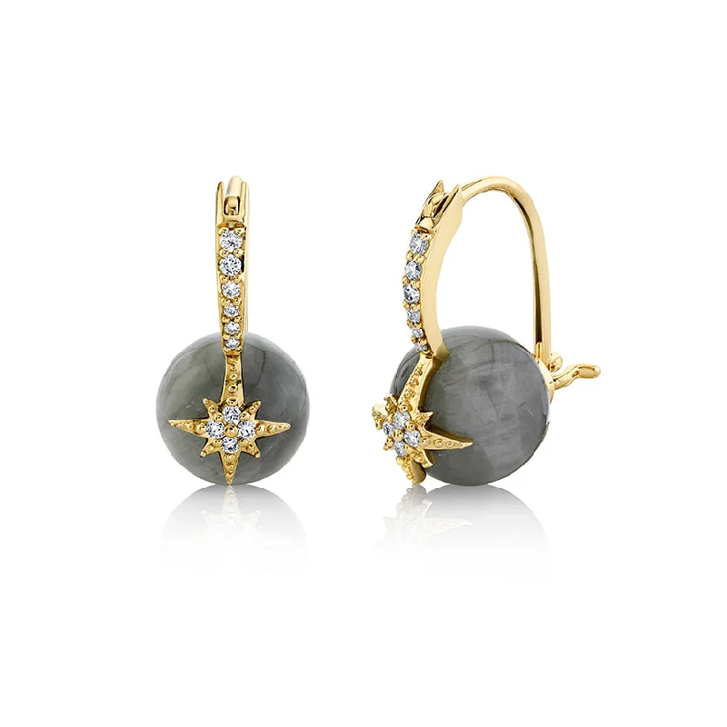 Silver Plated Earrings-Gold & Diamond Starburst Grey Cat's Eye Earrings