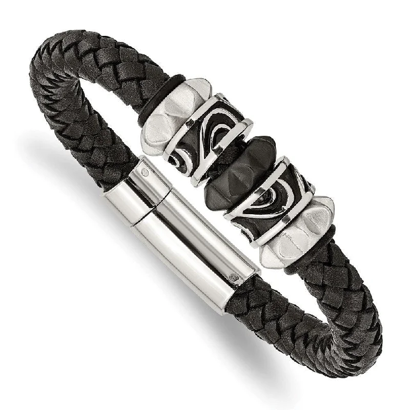 Stackable Cuff Bracelets-Stainless Steel Brushed/Polished Antiqued Blk IP Blk Leather Bracelet