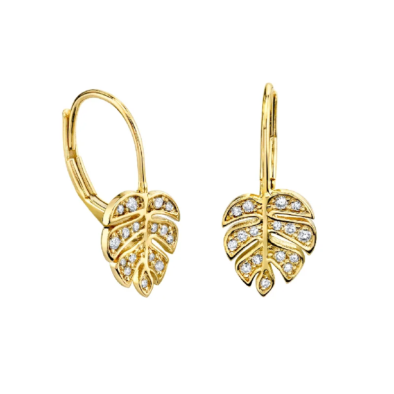 Gold-Plated Hoop Earrings-Gold & Diamond Monstera Leaf French Wire Earrings