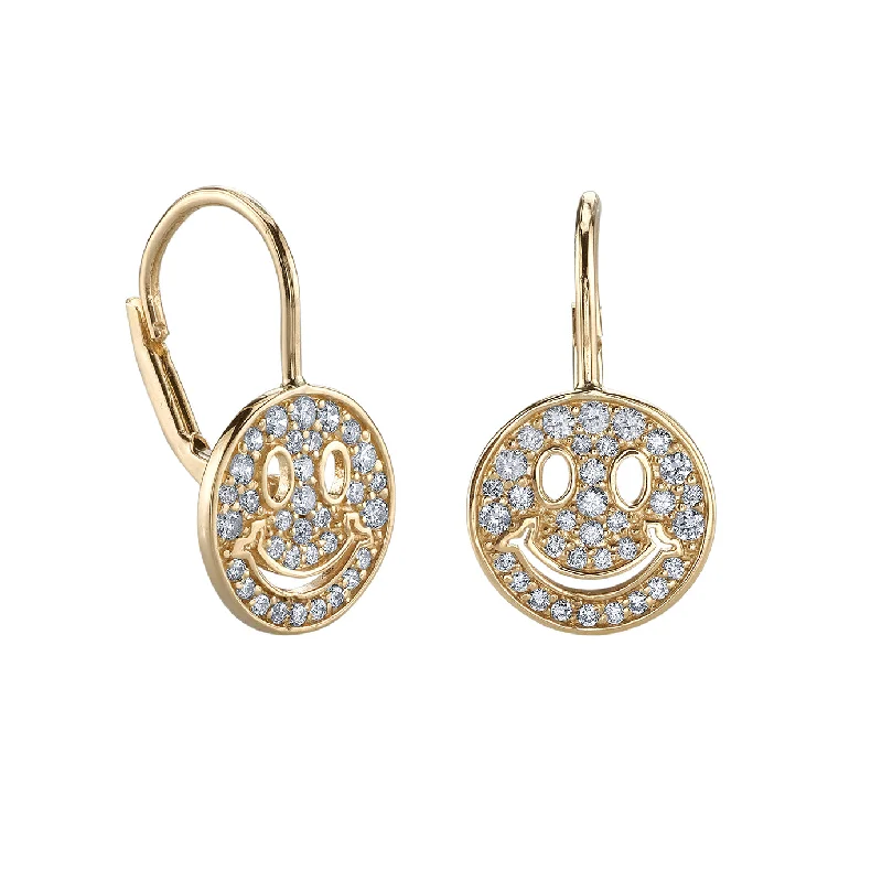 Classic Pearl Studs-Gold & Diamond Happy Face French Wire Earrings