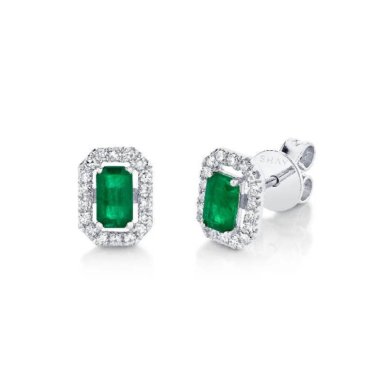 Birthday Gift Earrings-MINI ME DIAMOND HALO EMERALD STUDS