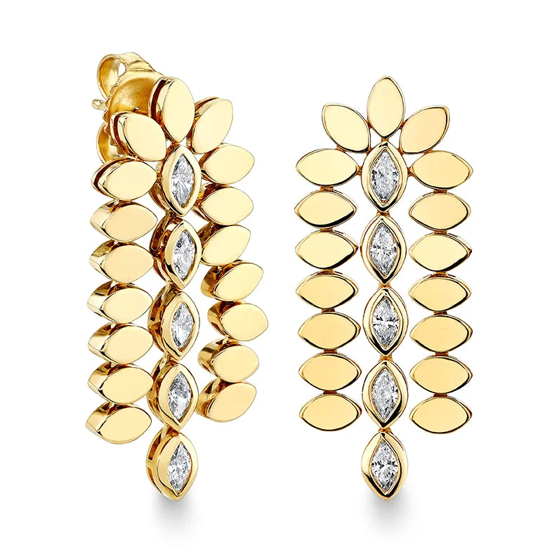 Long Dangle Earrings-Gold & Diamond Marquise Eye Short Drop Earrings