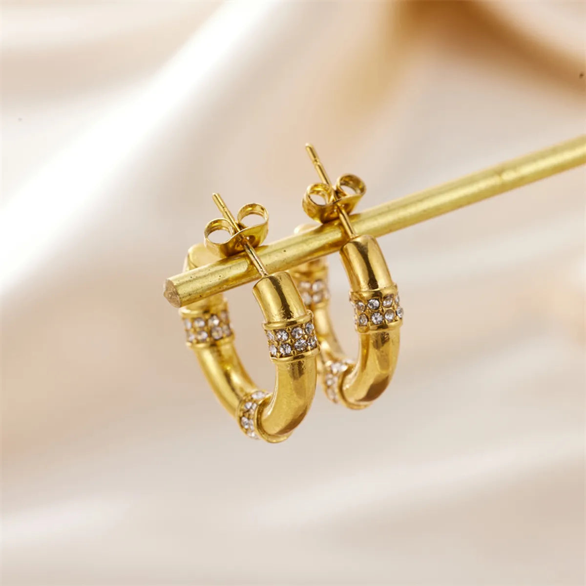 1 Pair Ig Style Simple Style C Shape Plating Inlay Stainless Steel Rhinestones 18k Gold Plated Ear Studs