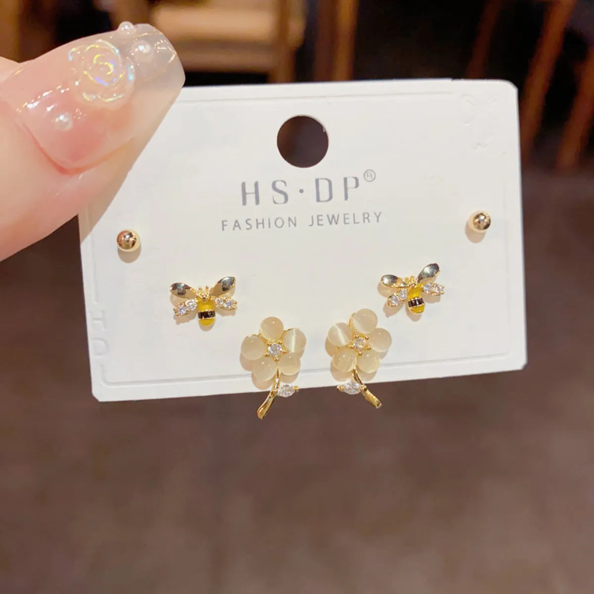 120# Gold-Opal Flower Bee Three-Piece Earrings (Thick Real Gold Plating)