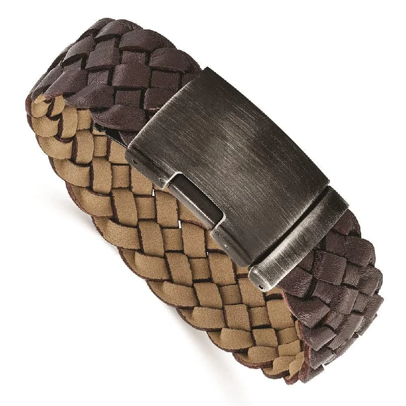 Chunky Gemstone Bracelet-Stainless Steel Antiqued and Brushed Brown Braided Leather 9in Bracelet