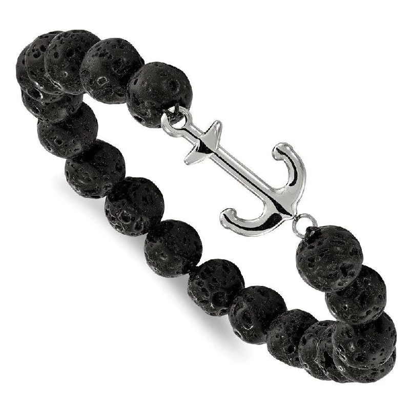 Elegant Beaded Bracelet-Stainless Steel Polished with Black Lava Stone Anchor Stretch Bracelet