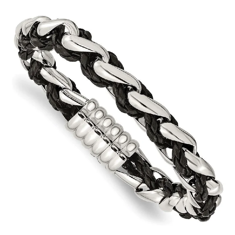 Trendy Rope Bracelet-Stainless Steel Polished Black Leather Bracelet