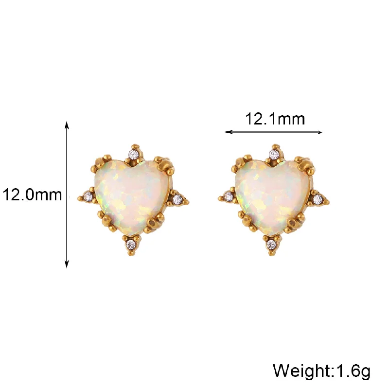 Peach Heart Opal Stud Earrings-Golden White