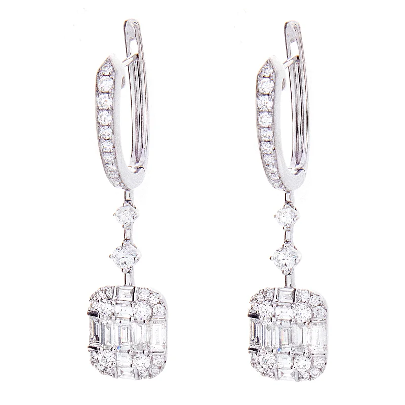 Colored Hoop Earrings-Baguette & Round Diamond Drop Earrings