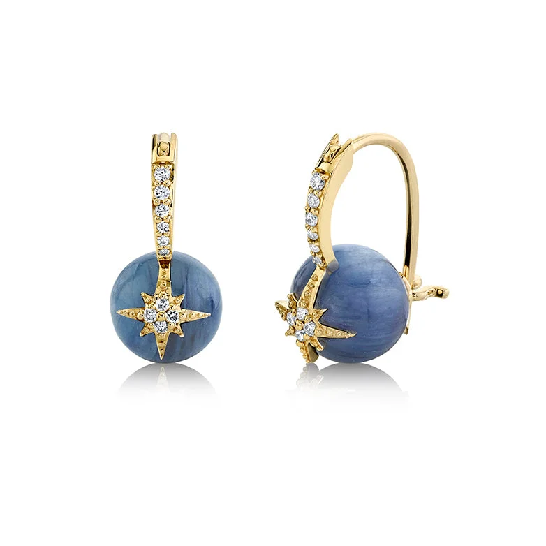 Luxurious Gold Earrings-Gold & Diamond Starburst Kyanite Earrings