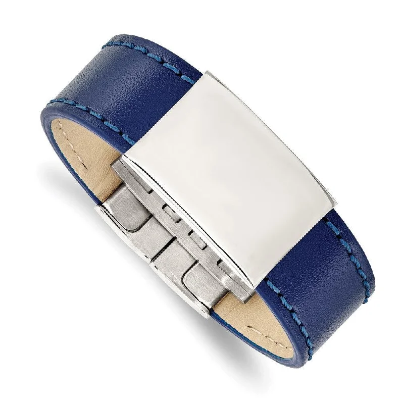 Gold Bead Bracelet-Stainless Steel Polished Blue Leather 8.25in ID Bracelet