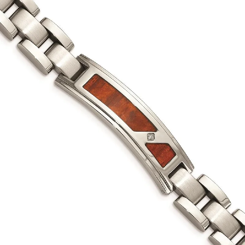 Adjustable Bracelet for Women-Stainless Steel Brushed & Polished w/ Wood Inlay and CZ Bracelet